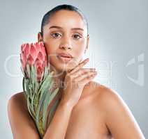 Look to nature, she knows all about natural beauty. Studio shot of an attractive young woman holding a protea flower and feeling her skin against a grey background.