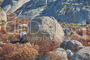 Copy space of a big boulder on a rocky mountain with dry plants and shrubs growing in nature. Rugged, remote and quiet landscape with rocks and stones on a cliff to explore during a scenic hike