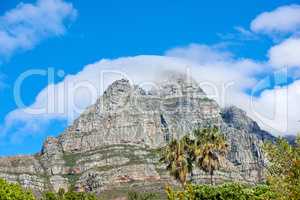 Lions Head mountain with cloudy blue sky copy space. Beautiful below view of a rocky mountain peak covered in lots of lush green vegetation at a popular tourism destination in Cape Town, South Africa