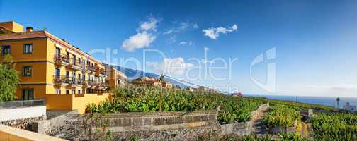 View of residential houses and apartments in historical and tropical city in Los Llanos, La Palma, Canary Islands with blue sky background. Vibrant buildings in village of popular tourism destination