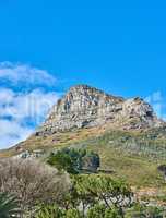 Scenic landscape of blue sky over the peak of Table Mountain in Cape Town on a sunny day from below. Beautiful views of plants and trees around a popular tourist attraction and natural landmark