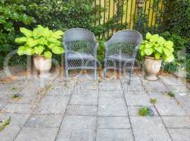 Calm serene and inviting yard is for people to relax unwind and enjoy peaceful area. Outdoor garden with grey chairs potted plants greenery around and grey tiled floors on sunny day