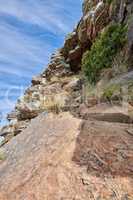 Scenic of plants and shrubs growing on a rocky mountain slope with cloudy sky background. Rugged landscape of boulders on a cliff with hiking trails to explore on Lions Head, Cape Town, South Africa