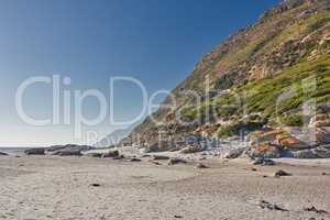 Copyspace landscape view of the rocky coast of Western Cape in South Africa. Beautiful scenery on the seashore at the beach during summer in a popular tourist city. Natural environment of the ocean