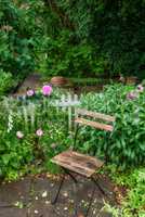 Chair in a lush garden for a quiet, relaxing view and fresh air outside. Vibrant landscape of a park or backyard with a seat between flowering plants. A peaceful spot area in green environment