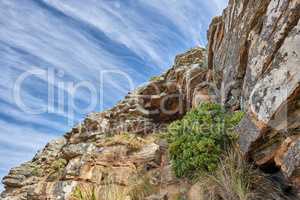 Copy space on a rocky mountain with plants and shrubs growing against a cloudy sky background. Rugged, remote and quiet landscape with boulders and stones on a cliff to explore during a scenic hike