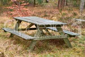 Wooden bench and table in a remote meadow for a picnic in the forest outside. Seating furniture in a park to enjoy a meal at while taking a break and rest from camping, hiking or exploring the woods