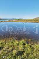 Scenic view of a river flowing through a swamp and leading to the ocean in Norway. Landscape view of blue copy space sky and a marshland. Overflow of water flooding a field after the rainy season