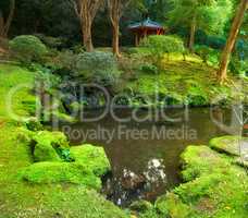 Mossy garden with a pond and japanese shrine. Landscape of outdoor meditation area in a calm forest. Buddhist prayer temple in a wellness center or spa. Asian pagoda in nature near small serene river