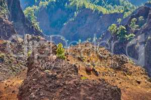 Rocky landscape of mountains and hills in the remote area of La Palma, Canary Islands, Spain. Scenic view of mother nature, dirt and flora. Serene, tranquil, calm, zen, beauty in nature