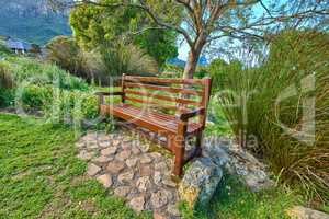 A wooden bench on a pathway in a public park. A quiet place to enjoy nature and the peace it has to offer. Find tranquility amongst the green trees and other natural fauna. Mother nature is beautiful