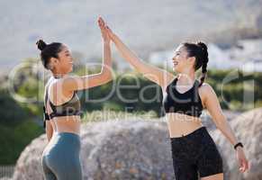 Nobody motivates you like a best friend. two fit young women giving each other a high five after going for a run in the park.