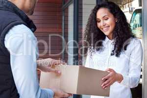 Thank you for dropping this off. a young woman receiving her delivery from the courier.