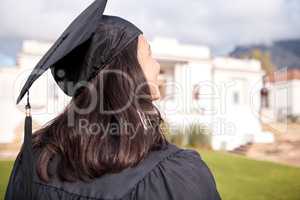 I wonder what my next chapter will be like... Rearview shot of a young woman looking thoughtful on graduation day.