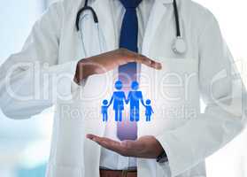 Guarantee for the good health of your family. an unrecognisable doctors hands covering a cut out of a family.