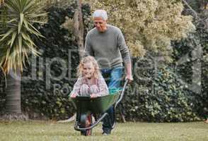 Childhood memories turn into those good old days. an adorable little girl having fun with her grandfather in a garden.
