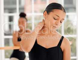 For each every other, aches gets stronger. a ballet dancer experiencing neck pain during her dance routine.