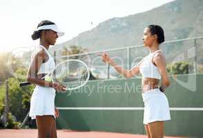 Fate will decide for us. two sporty young women flipping a coin before a tennis match.