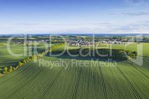 Drone point of view of farm or countryside estate, green pasture fields and blue sky copy space. Scenic aerial landscape of farming agriculture, trees and residential building houses in remote meadow