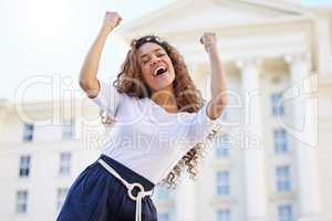 I have chosen to be happy. a young woman celebrating outside.