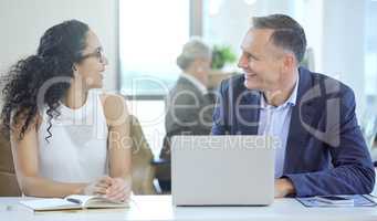 Hes a great mentor. two businesspeople using a laptop together in an office at work.