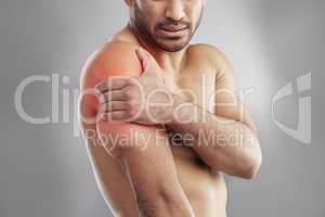 Without pain, without sacrifice, wed have nothing. Cropped studio shot of a muscular young man experiencing shoulder pain against a grey background.