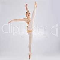 If youre a dancer, the world belongs to you. Studio shot of a young woman performing a ballet recital against a grey background.