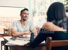 Couple, dating and cafe date while serious boyfriend and girlfriend with good communication over lunch. Man and woman talking about business proposal and listening to ambition in relationship