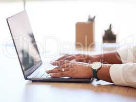 Businesswoman, manager or advertising agent typing a report, email or browsing the internet on a laptop online at work. Closeup of hands of a female ceo, boss or employee searching the web in office