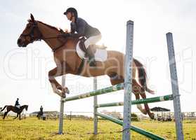 Horses lend us the wings we lack. a young rider jumping over a hurdle on her horse.