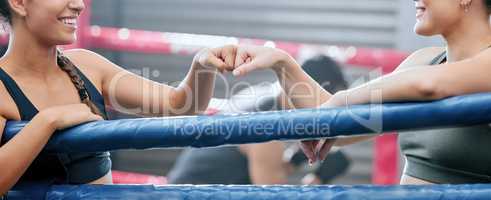 Closeup of happy women showing support, motivation and unity with fist bump at the gym or fitness club together. Two female boxers expressing success, teamwork and standing united at a sports center