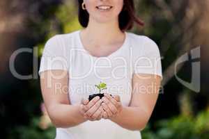 Make way for a greener world. an unrecognisable woman holding a plant growing out of soil.