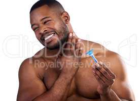 Its a hazard of shaving. Studio shot of a handsome young man wincing in pain after cutting himself while shaving against a white background.