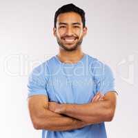 Inspiration comes from within yourself. a man standing against a grey background.