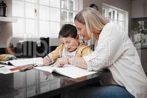 Will you explain it to me. a beautiful mother helping her son with his homework.