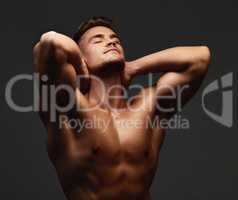 Built like a brick wall. a handsome and athletic young man posing shirtless in studio against a dark background.