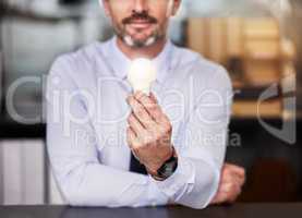 I always have a plan. a businessman holding a lightbulb while sitting at his desk.