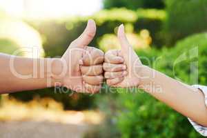 We agree. an unrecognizable couple giving thumbs up in their yard at home.