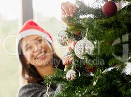 A lovely thing about Christmas is that its compulsory. a young woman wearing a Christmas hat at home.