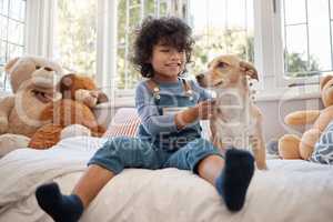 Seeing him happy makes wretched days worth it. an adorable young boy playing with his dog in his bedroom at home.