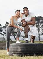 Well reach our fitness goals by motivating each other. an athletic man and woman standing together outside.