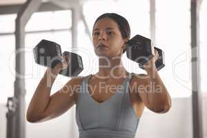 Fit, active and strong athlete doing arm muscle training and exercises with dumbbells or weights at a gym for a wellness lifestyle. Closeup of sporty female doing strength and endurance workout.