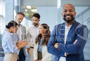 You can do a lot with a little determination. Portrait of a mature businessman standing in an office with his colleagues in the background.