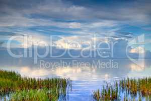 Landscape of sea, lake or lagoon against sky background with clouds and copy space. Gulf with reeds and wild grass growing on empty coast outside. Peaceful, calm and beautiful scenic view in nature