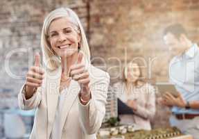 Thumbs up, sign and finger shown by a happy business woman, manager or ceo while standing in office at work. Cheerful, pleased and satisfied female showing thumbs in approval, agreement or thank you