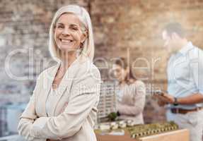 Confident, successful and cheerful architect manager leading team of building designers in office. Portrait of smiling, happy and ambitious woman with structure and residential 3D model in background