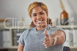 Welcome handshake of happy, smiling adult woman stretching hand for greeting. Introduction to someone to get acquainted before a meeting. Professional female making customer or employee feel at home.