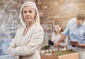 Serious, confident and assertive senior project manager leading team in planning. Female urban planner standing as her employees design a model in the background. Top executive, architecture firm