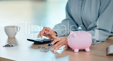 Finance, budget and saving money to deposit coins in a piggybank after calculating office budget. Financial manager hands counting cents or pennies, planning business spending and preparing for tax