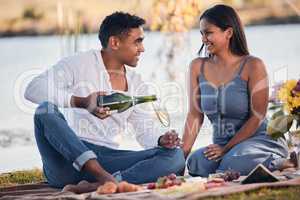 Love is about enjoying the little things in life. a young couple drinking champagne while on a picnic at a lakeside.